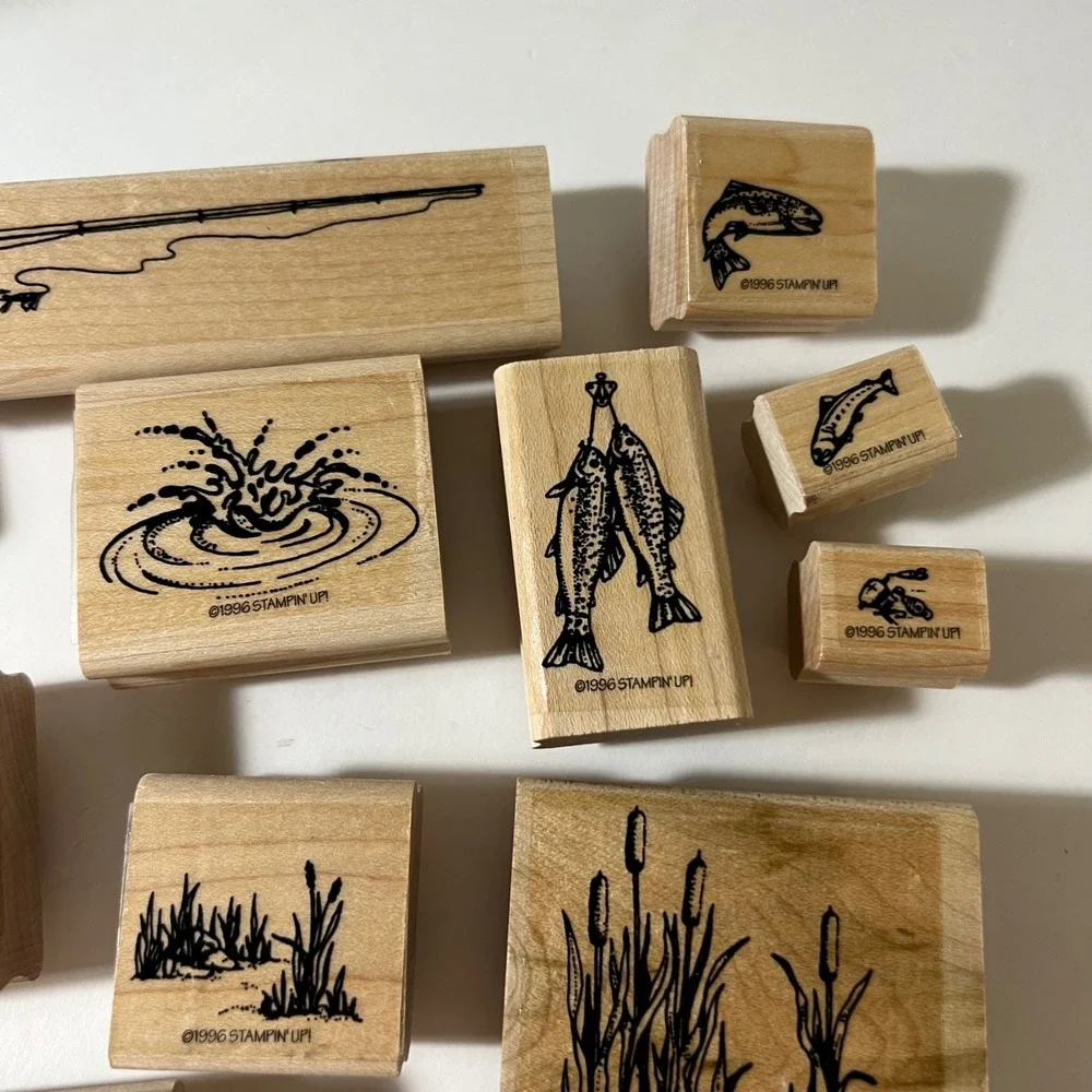Vintage Stampin Up Et Al Fishing Wood Rubber Stamp‎ Set 12pc Fish Rod 1996 1997